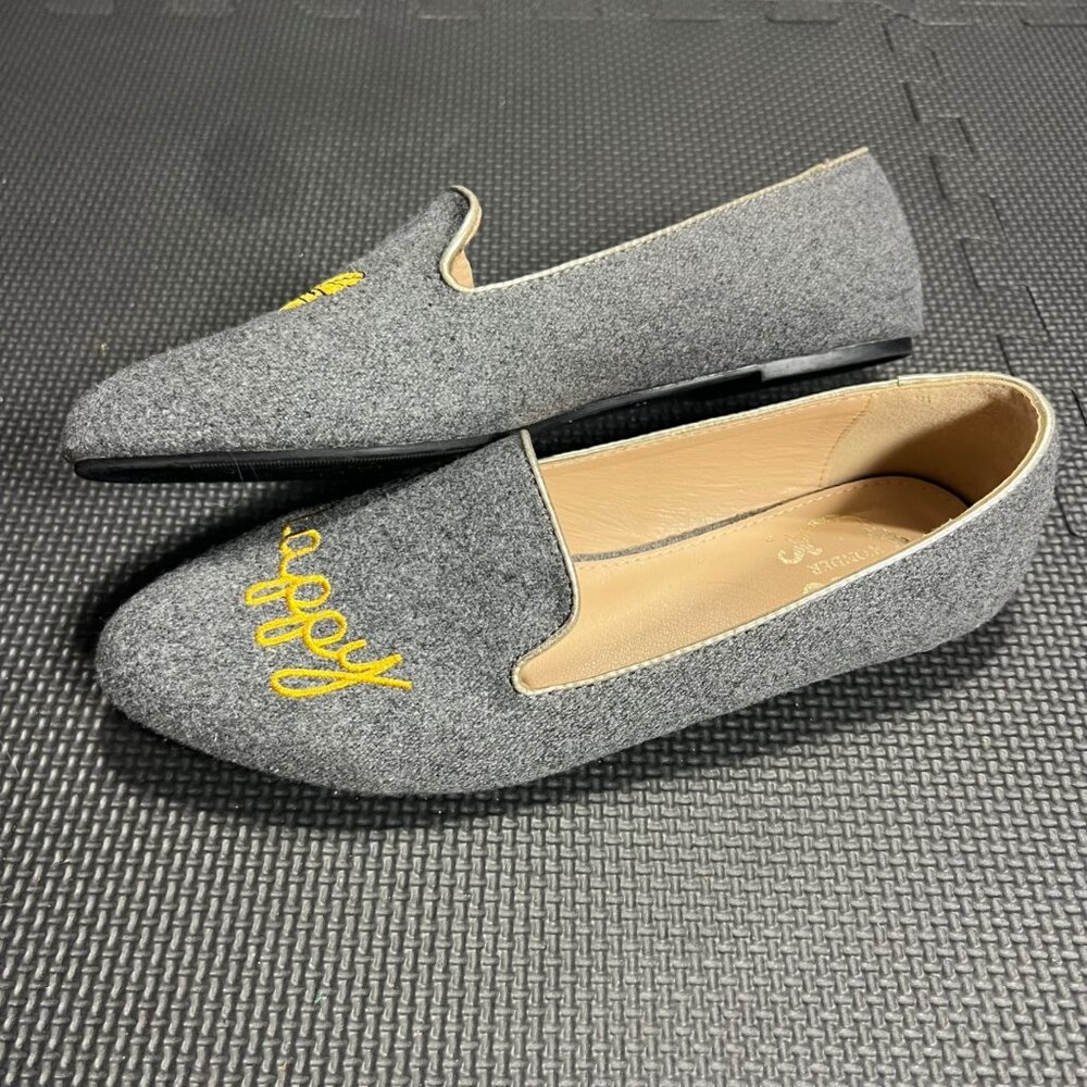 Bee Happy Embroidered Gray Felt Loafers Womens Size 8 Flat Sole Slip-On Shoes - Picture 2 of 5